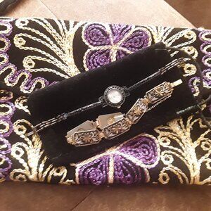 Combination of traditional Uzbek bag with lady watch, vintage bracelet, case.